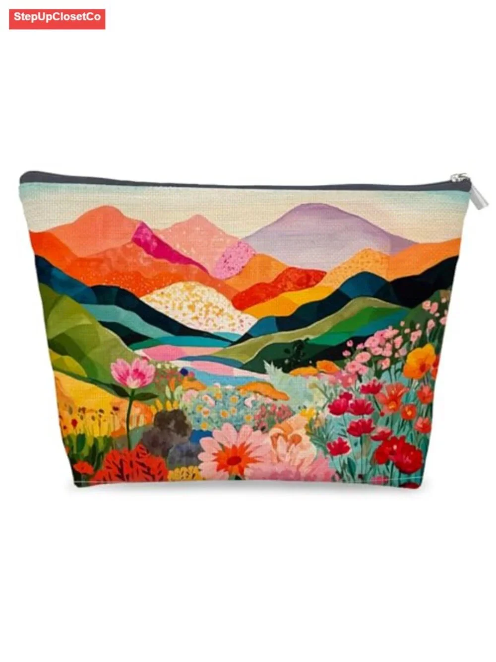 Abstract Mountain Linen Makeup Bag, Boho Floral Cosmetic Pouch, Travel Toiletry